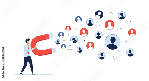 Business professional attracting a diverse group of people with a large horseshoe magnet concept illustration