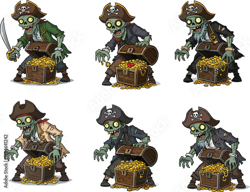 Cartoon zombie pirate with treasure chest, undead skeleton crew illustration, gold coins, spooky monster character, Halloween theme, fantasy adventure art
