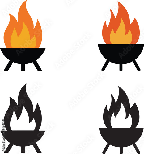 Four stylized fire pit illustrations with flames in color and black and white on a white background.