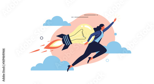 Creative businesswoman launches successful idea rocket into the sky symbolizing innovation and growth