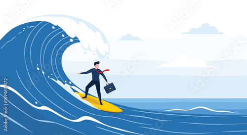 Businessman surfing a giant wave on a surfboard carrying a briefcase representing business challenges and opportunities
