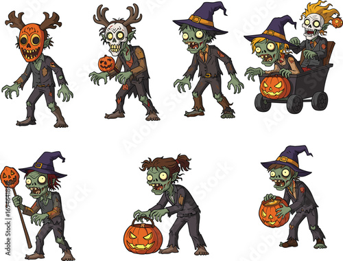 Halloween Zombie Characters, Pumpkin Head Creatures, Witch Hat Monsters, Spooky Cartoon Undead Figures, Funny Horror Illustration for Games and Animation
