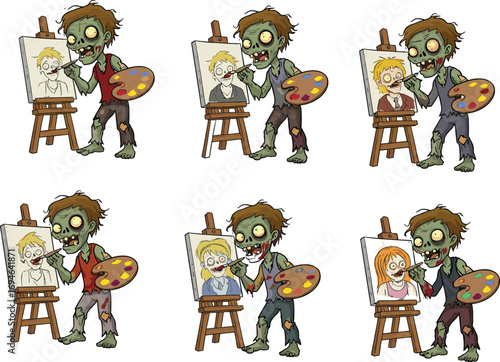 Funny zombie painting portraits of humans, cartoon undead artist drawing people, Halloween character art, spooky illustration with creative horror concept