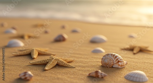 Fototapeta Naklejka Na Ścianę i Meble -  Seashells and starfish on sandy beach
