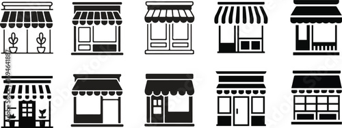 Collection of ten different store front icons with awnings in black and white vector illustration.