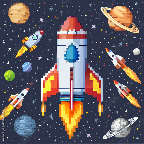 Retro pixel rocket designs for space and planet exploration, colorful spacecraft, UFOs and shuttles with flame trails on dark cosmos background