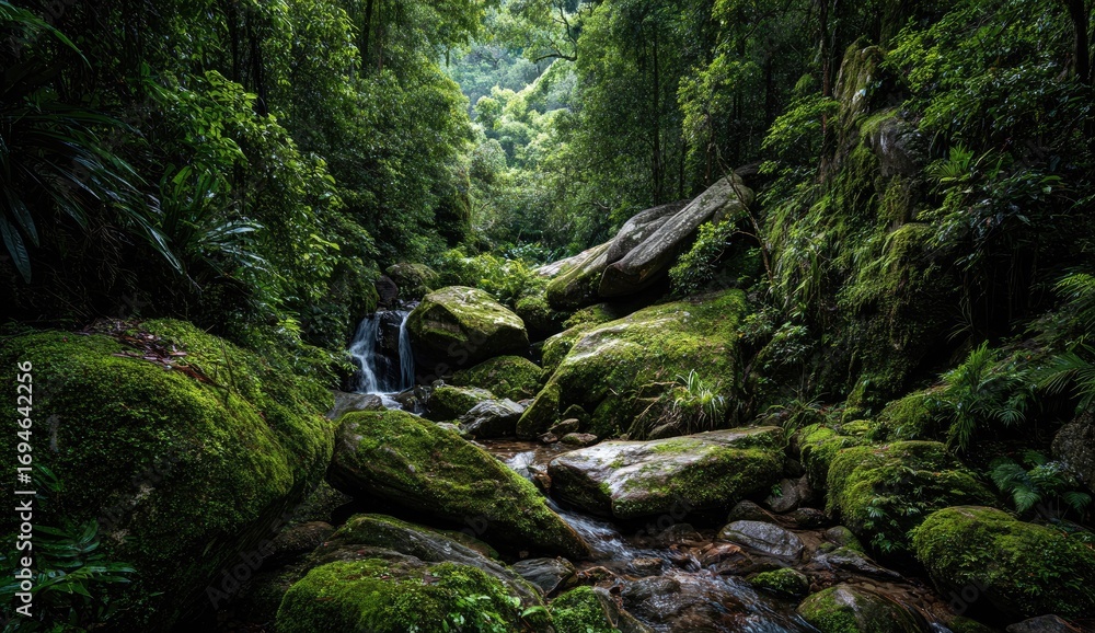 Obraz premium Lush rainforest stream cascading over mossy rocks