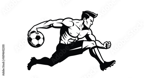 A muscular soccer player dribbles the ball with determination, isolated on white background, showcasing strength and skill in a dynamic black and white design
