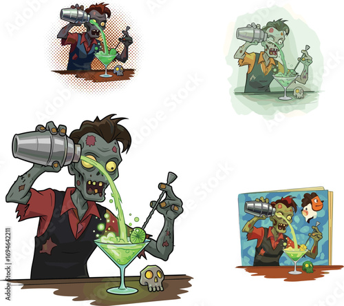 Zombie bartender pouring green cocktail drink, funny horror character illustration, Halloween undead mixologist, spooky bar scene with creative concept