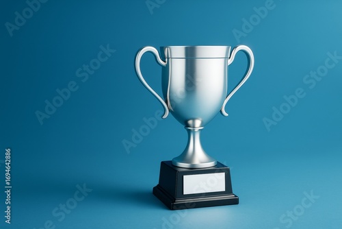 Wallpaper Mural Silver trophy cup on pedestal with blank label placed on blue background with copyspace for promotion, branding or sport achievement concept. Torontodigital.ca