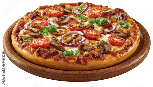 photo of a realistic, full pizza with fresh tomatoes, red onion, and mushrooms on a wooden plate, isolated on a transparent background.
