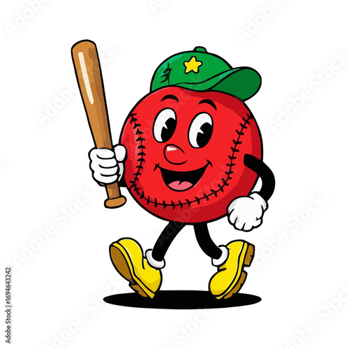 Vector art of a cheerful red baseball character with a green cap, bat, and yellow shoes, ready to play the game with a smile