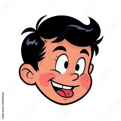 Vector art of a cheerful boy with black hair, a big smile, and rosy cheeks, radiating happiness and youthful exuberance