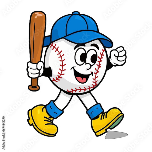 Vector art of a cheerful white baseball character with a blue cap, bat, and yellow shoes, ready to play the game with a smile