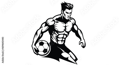 A muscular soccer player dribbles the ball with determination, isolated on white background, showcasing strength and skill in a dynamic black and white design