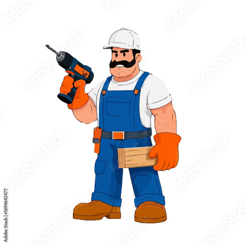 Vector art of cartoon handyman in overalls holding a drill and wooden plank construction worker ready for work