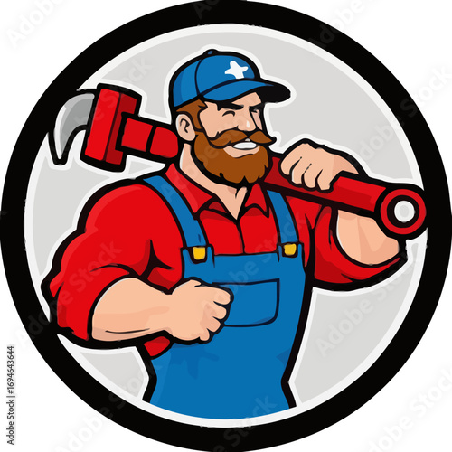 Vector art of cartoon plumber mascot carrying a giant pipe wrench on his shoulder, ready to fix any plumbing issues at home