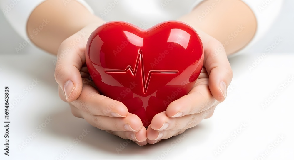 Obraz premium Hands holding a red heart with a cardiogram symbol, isolated on white background