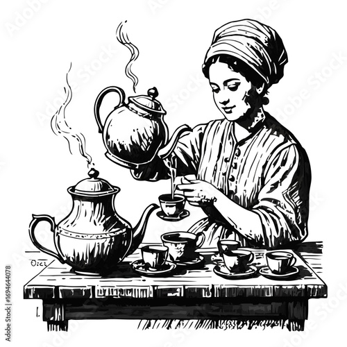 Vector art of vintage illustration of a woman pouring tea from a teapot into a cup, tea party with antique tableware