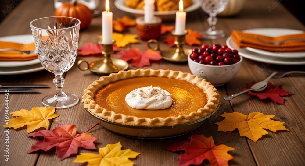 Fototapeta premium The Heart of the Feast: Pumpkin Pie Amidst a Vibrant Thanksgiving Tablescape
