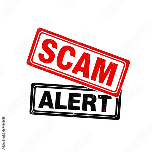 Scam Alert Stamp: A bold, red SCAM stamp sits atop a black ALERT stamp, a visual warning against deceit, fraud, and potential financial danger. 