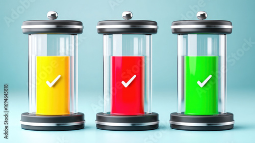 Three colorful battery indicators with check marks show progress levels against blue background, symbolizing energy efficiency and status updates