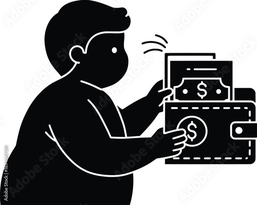 Financial Activity, Child with Wallet, Indoor Setting, Vector Illustration, Modern Environment, Close-Up View, Money Management Concept in Vector Style