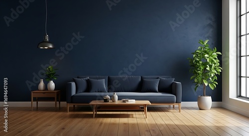 A modern living room with a navy blue sofa, wooden floor, and plants creating a cozy and stylish interior design concept for relaxation