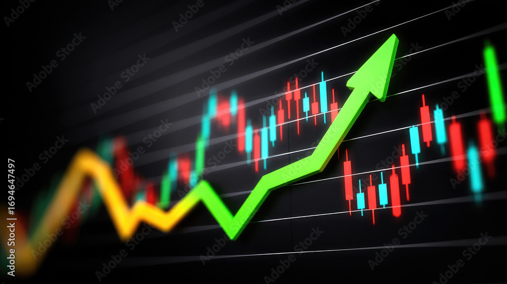 Fototapeta premium Dynamic stock market chart with colorful candlesticks and prominent green upward arrow symbolizes growth and investment success. image conveys sense of financial optimism