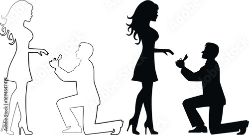 Declaration of love. Gift ring. Betrothal. Engagement. Vector. Contour.
