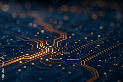Glowing circuit lines on a futuristic digital motherboard background in dark ...