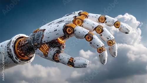 Close-up of a detailed robotic hand, mechanical, reaching out against a partly cloudy sky.  Complex machinery, white and orange components, intricate design, precision engineering
