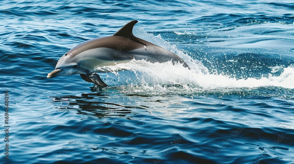 Fototapeta premium A dolphin is swimming in the ocean. The water is blue and the dolphin is white. The dolphin is in the middle of the water and is surrounded by waves