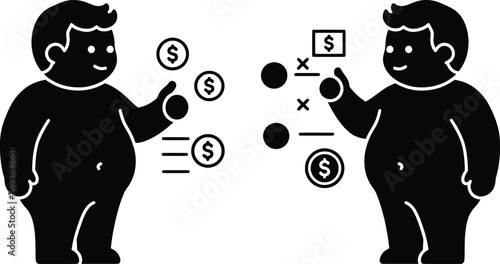 Business Transaction, Financial Exchange, Two Characters, Vector Illustration, Black and White Style, Minimalist Design Concept for SEO