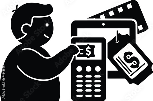 Action of Financial Management, Subject of a Child Using a Calculator, Location at Home, Content Type Vector Illustration, Environment Digital, Viewpoint Close-Up, Concept of Money Handling