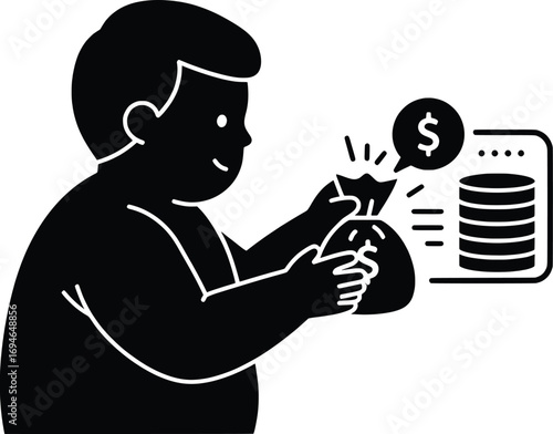 Child Counting Money, Financial Education, Vector Illustration, Home Environment, Digital Art, Close-Up View, Learning Concept with Vector Graphics