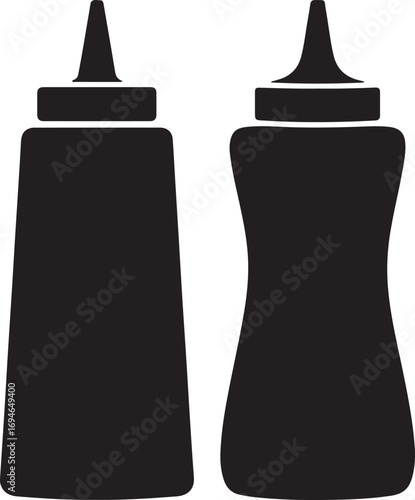 Two black silhouette squeeze bottles for condiments on a white background