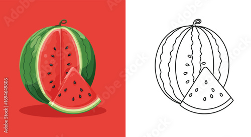 A refreshing watermelon and slice illustration, isolated on white background, highlighting the fruits sweetness and summery vibe in a playful and vibrant design