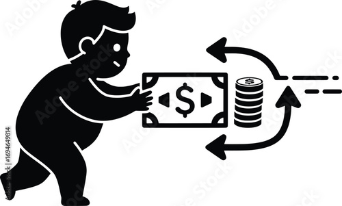 Exciting Action of a Child Handling Cash, Business Concept Vector Illustration in a Minimalist Style, Focusing on Finance and Wealth Management
