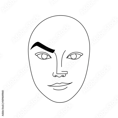 Stylized face with bold eyebrow and minimalist facial features in a black and white line drawing