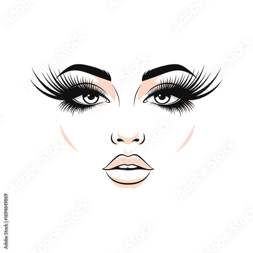 Illustration of a woman's face with exaggerated eyelashes and defined eyebrows on a white background