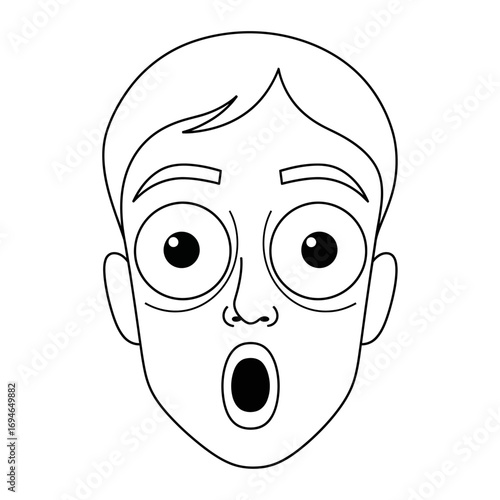Cartoon face with wide eyes and open mouth in black and white outline style on a white background