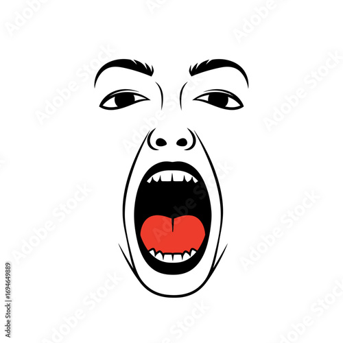 Graphic illustration of a face with wide open mouth showing teeth and tongue on a white background