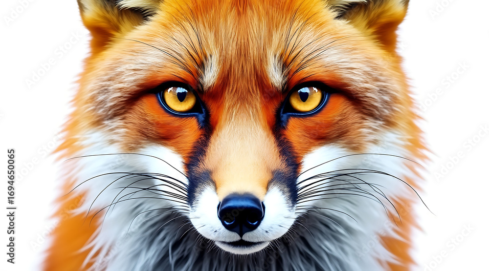 Fototapeta premium Detailed close up of fox face with sharp fur detail and intense amber eyes looking directly, showing natural beauty and wild expression