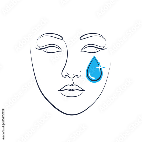 Line art of a face with closed eyes and a blue teardrop on the cheek against a white background