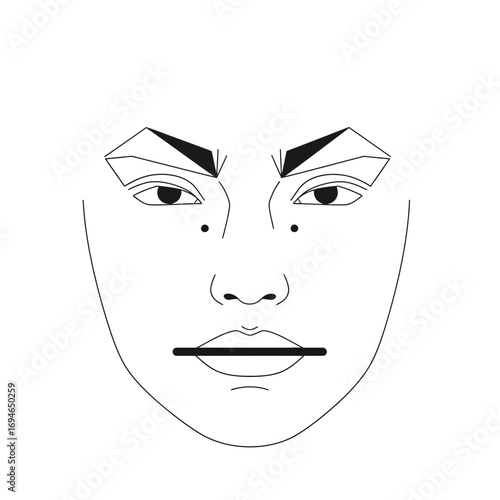 Stylized face with geometric eyebrows and a horizontal line for the mouth in a minimalist design