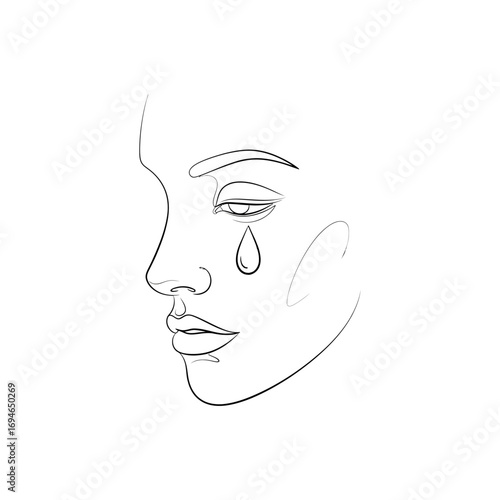 Single line drawing of a face in profile with a tear drop on the cheek in black and white art style
