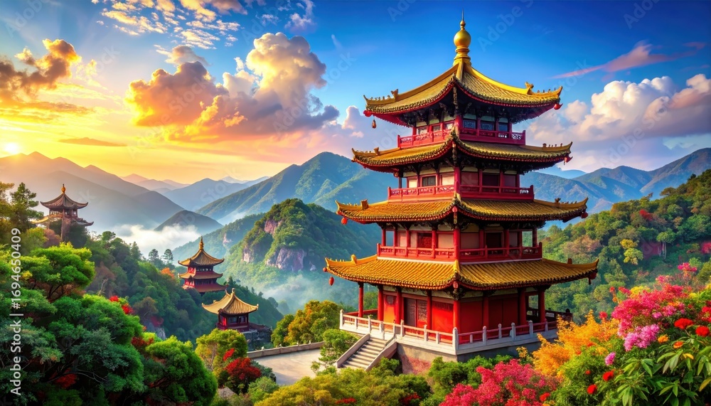 Fototapeta premium A breathtaking vista of a traditional Chinese temple complex nestled amongst vibrant, mountainous scenery at sunrise.