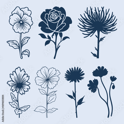 Black Floral Silhouettes Collection of Different Flowers for Various Designs