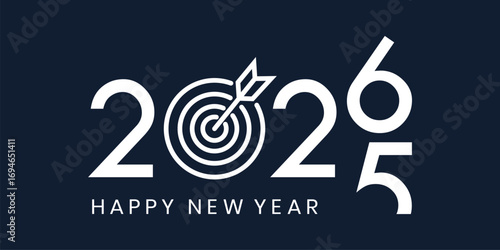 Modern "2026 Happy New Year" design with bold white sans-serif numbers linked by a flowing dark-blue wave on a navy background. Minimalist, clean, dynamic, and optimistic festive style.